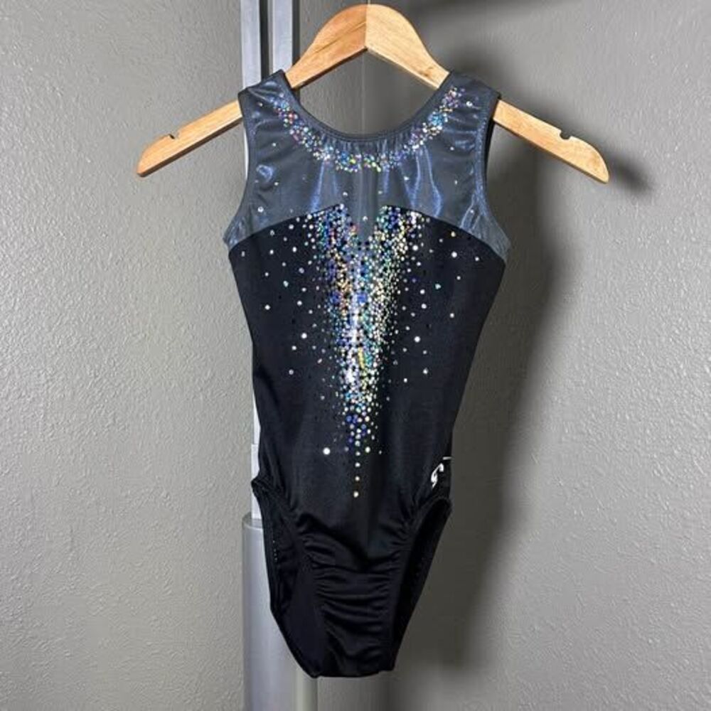 GK Elite Black and Silver Rhinestone Gymnastics Leotard adult small